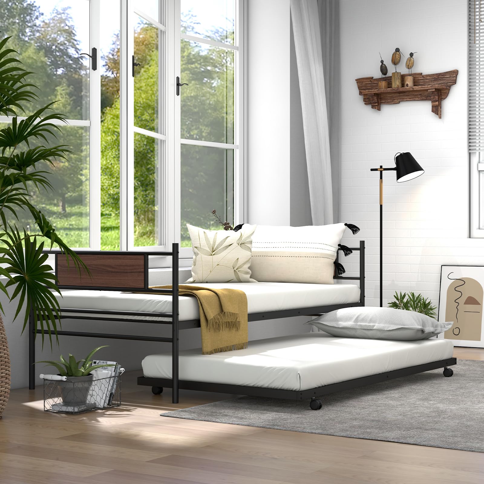 Giantex Metal Daybed with Trundle, Twin Size Day Bed with Wood Grain Headboard & Metal Slat Support