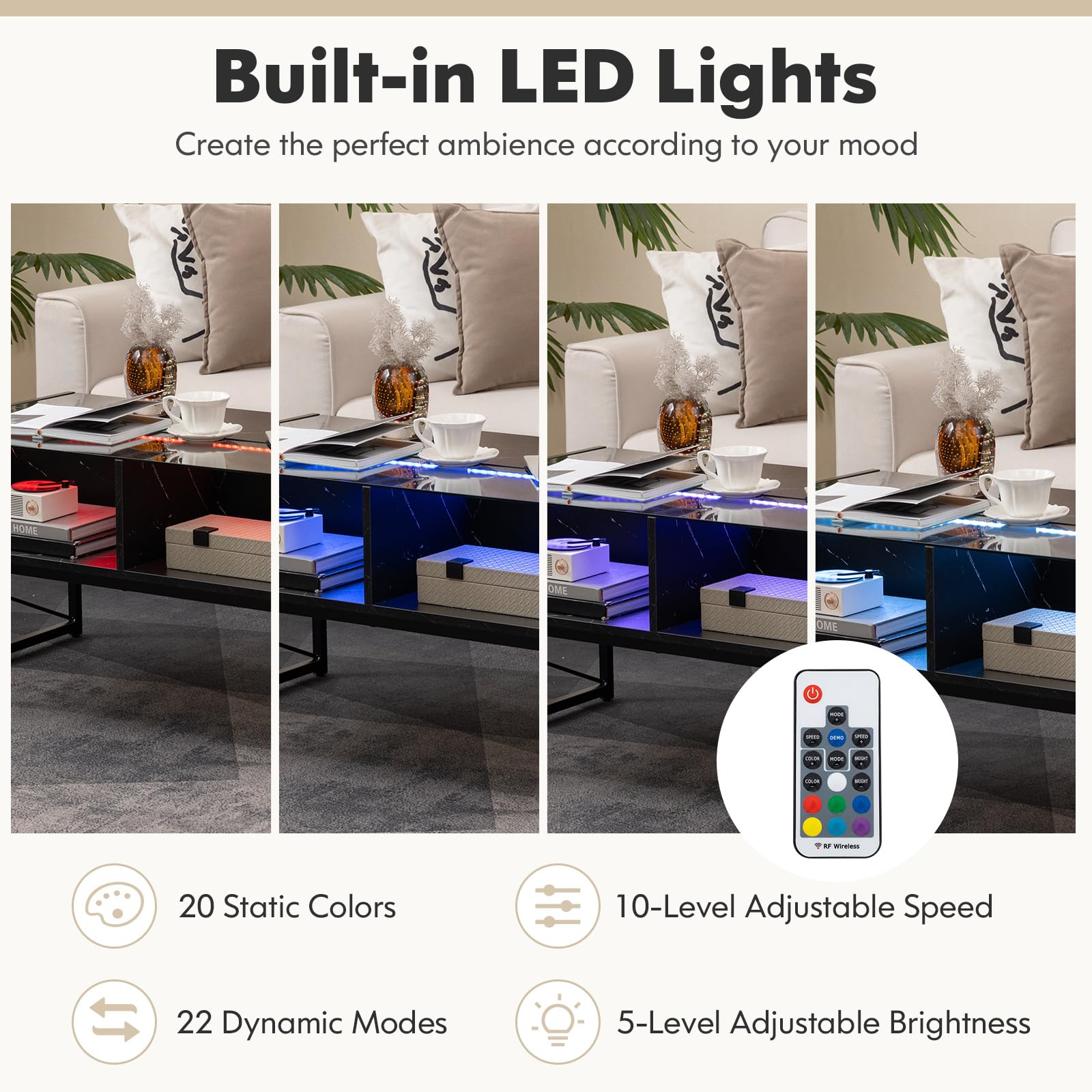 Giantex LED Coffee Table, High Gloss Coffee Tables with 4 Storage Cubes