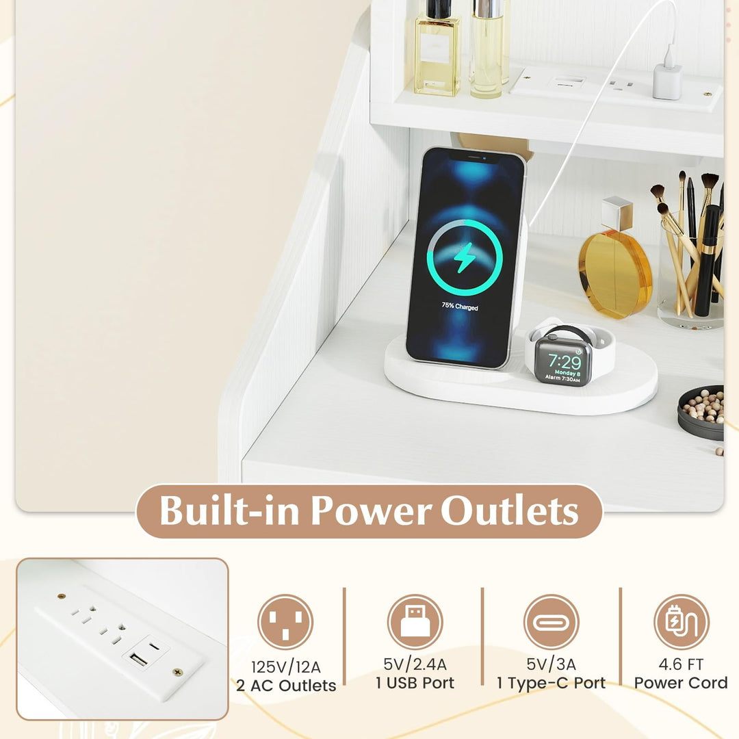 CHARMAID White Vanity Desk with LED Lighted Mirror