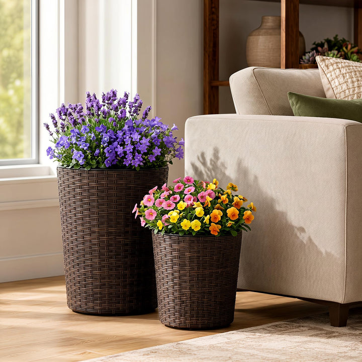 Giantex Set of 3 Plastic Planters | 14 &amp; 11 &amp; 9 Inch Taper Rattan Planters with Drainage Holes and Saucers