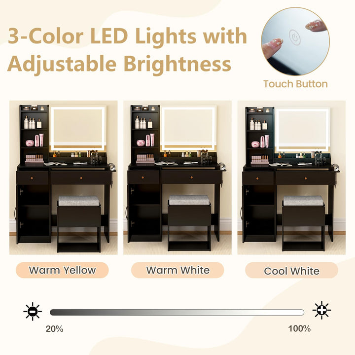 CHARMAID Vanity Desk with Mirror and Lights, Makeup Vanity Desk with Drawers, Shelves, Side Cabinet