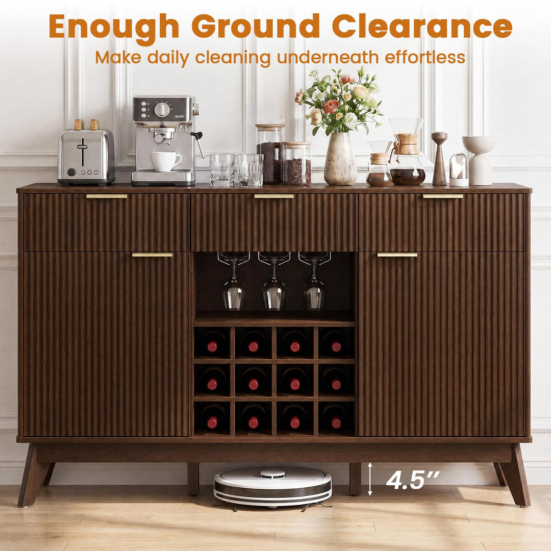 GIANTEX 60" Fluted Wine Bar Cabinet with 3 Stoarge Drawers &amp; Wine Rack Adjustable Shelves