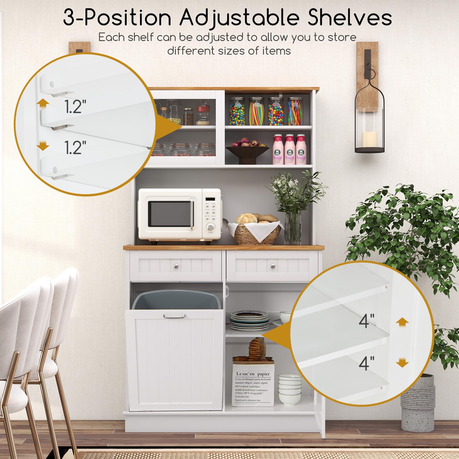 Giantex 68” Tall Kitchen Pantry, Buffet Hutch w/Tilt Out Trash Can Storage Cabinet, 2 Drawer, Shelves