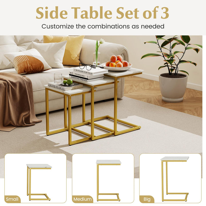 Giantex Nesting Coffee Table Set of 3 Stackable Square End Table w/Faux Marble Tabletop & Heavy-Duty Metal Frame