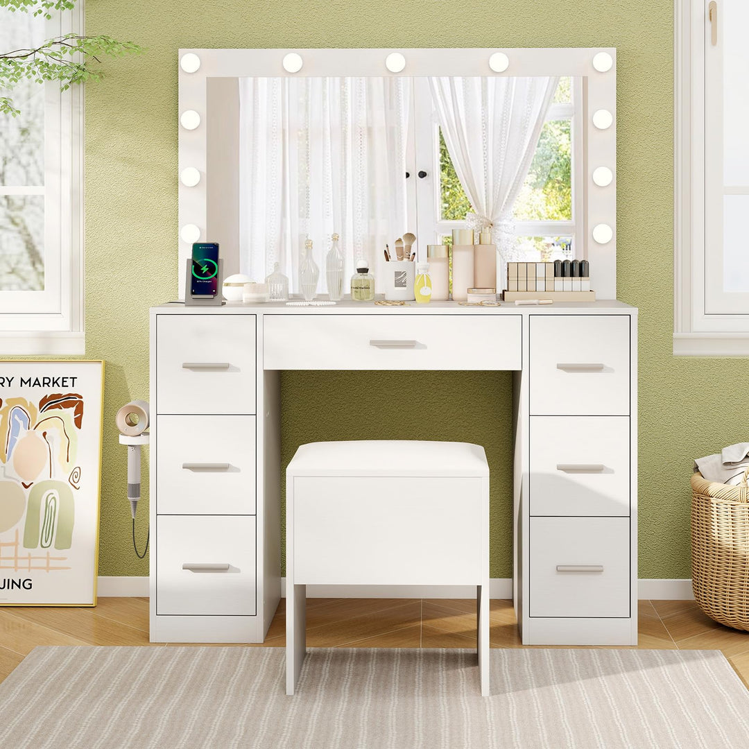 Vanity Desk with Large Mirror and Lights with Charging Station
