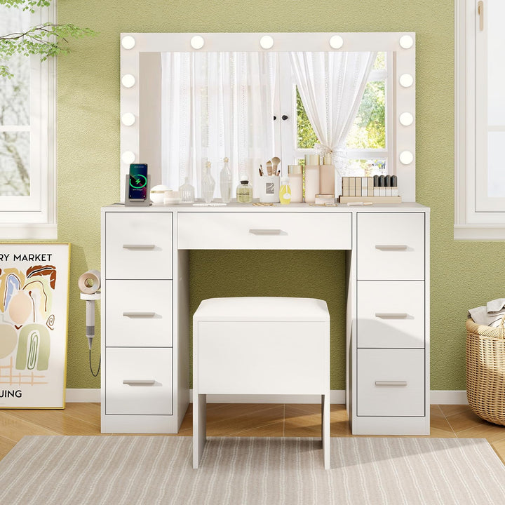 Vanity Desk with Large Mirror and Lights with Charging Station