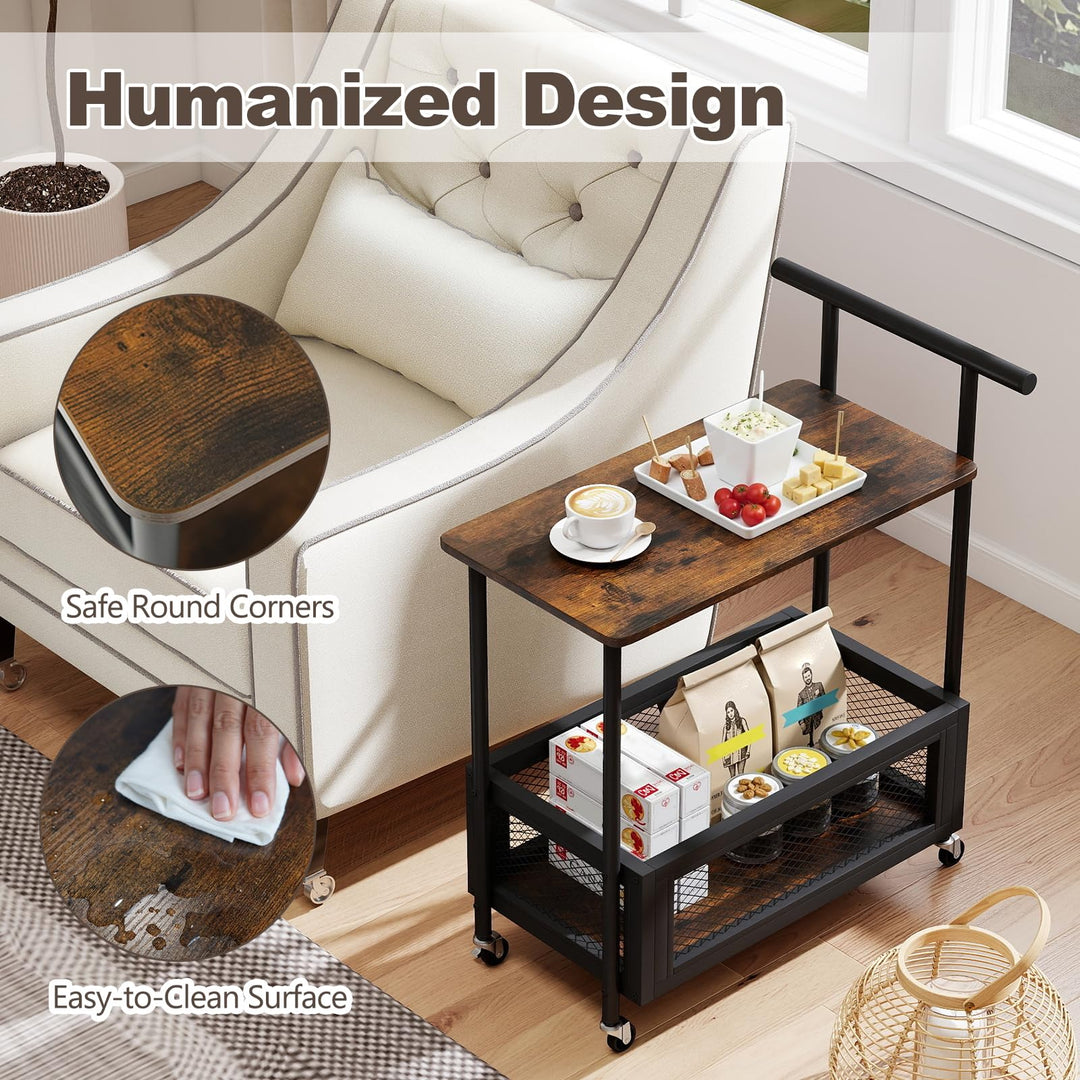 Giantex Rolling End Table with Handle 2-Tier Sofa Side Table with Open Shelf & Mesh Basket