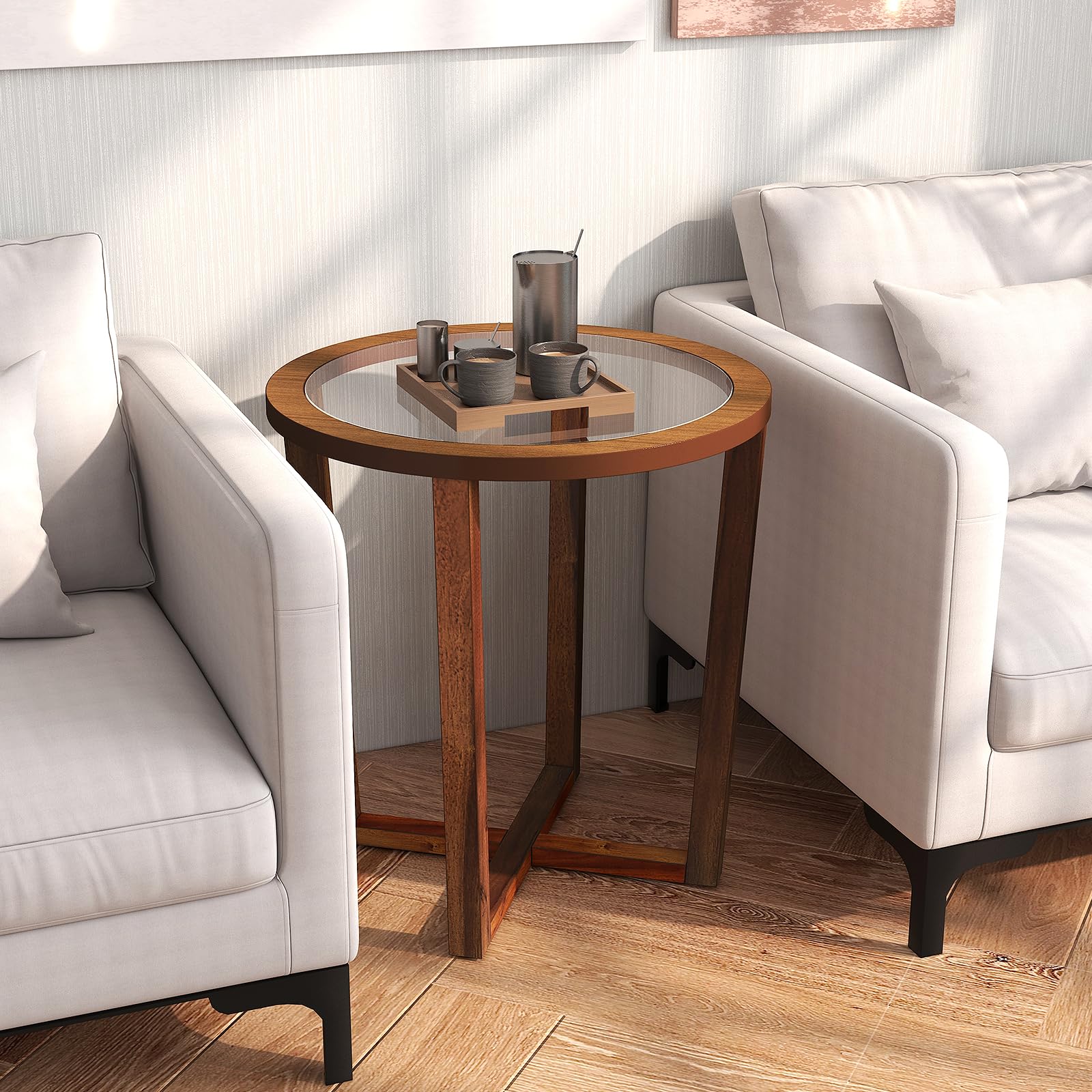 Giantex Glass Round End Table, Sofa Side Table with Transparent Tempered Glass Top