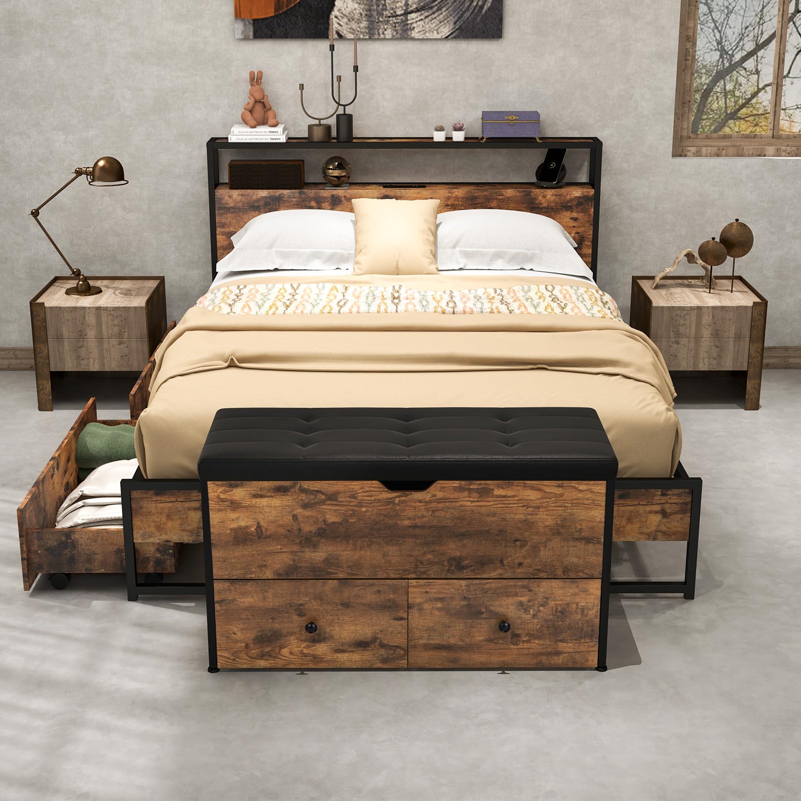 Giantex Storage Bench with Flip Top Storage Chest, 2 Rolling Drawers (Rustic Brown)