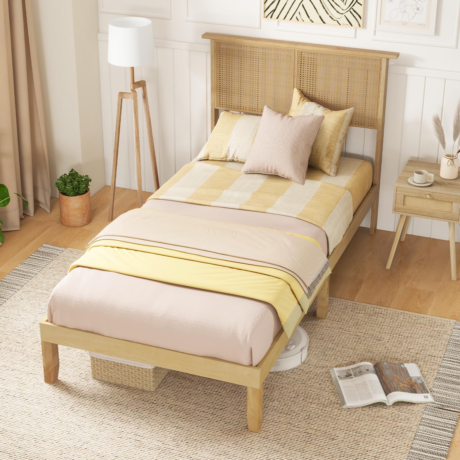 Giantex Bed Frames with Rattan Headboard, Boho Solid Wood Platform Bed with Wooden Slats
