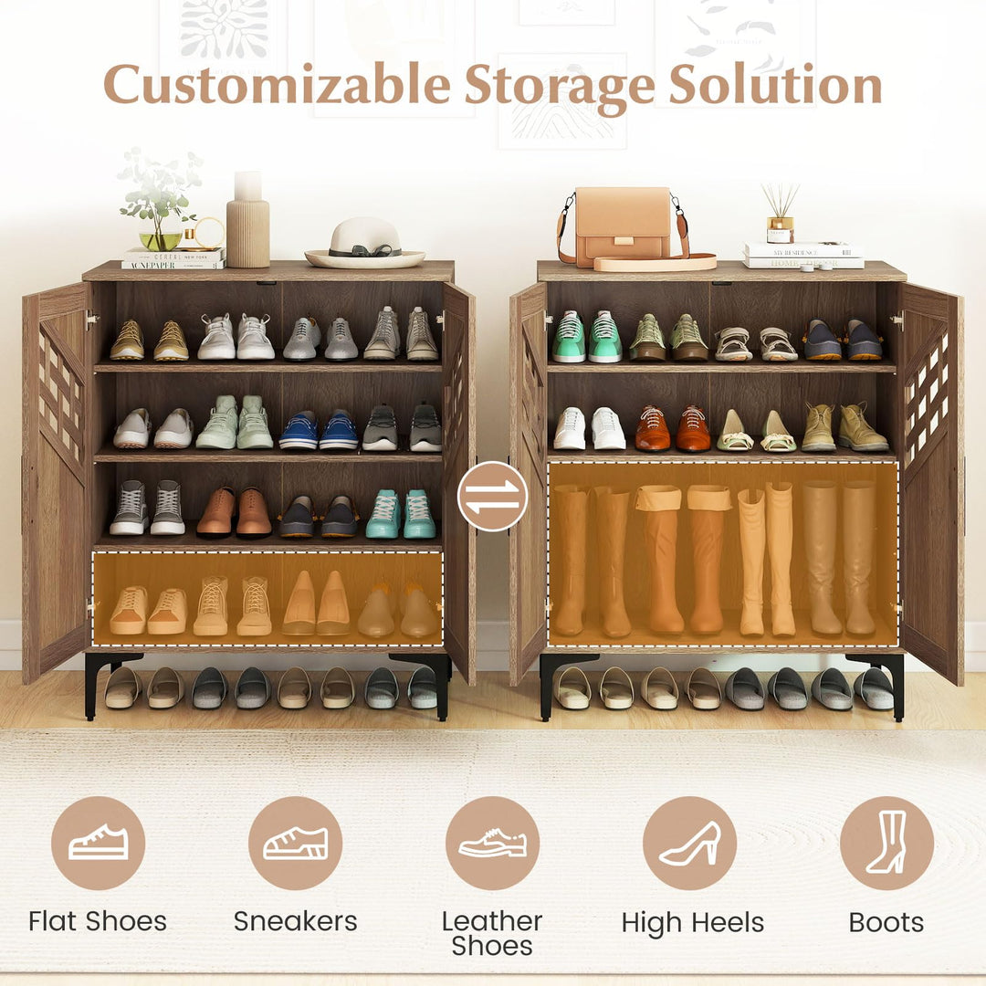 Giantex 4-Tier Wooden Shoe Organizer Cabinet with Hollow Woven Doors &amp; 3 Removable Shelves