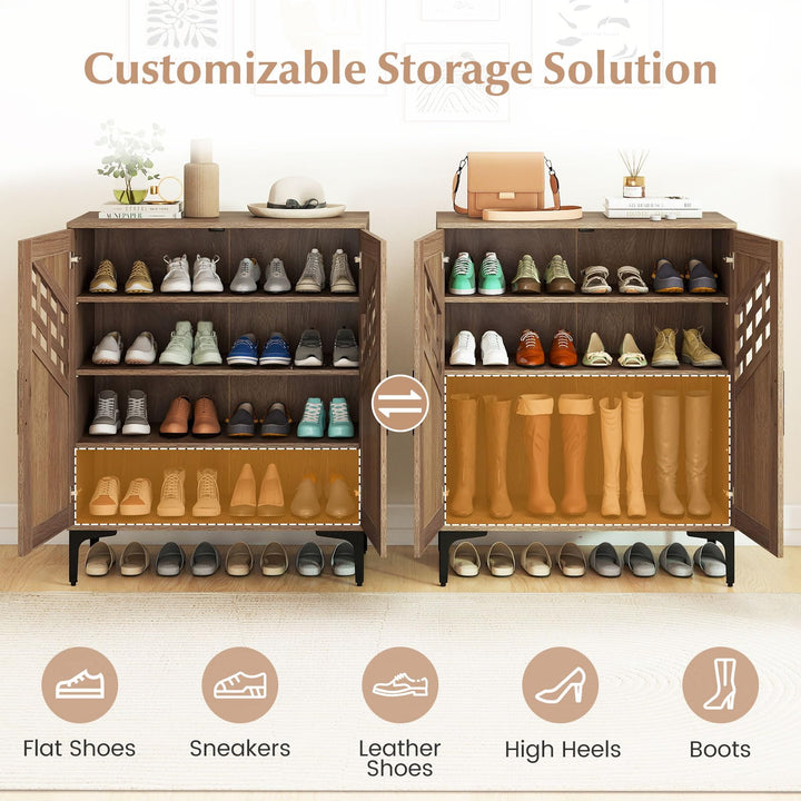 Giantex 4-Tier Wooden Shoe Organizer Cabinet with Hollow Woven Doors &amp; 3 Removable Shelves