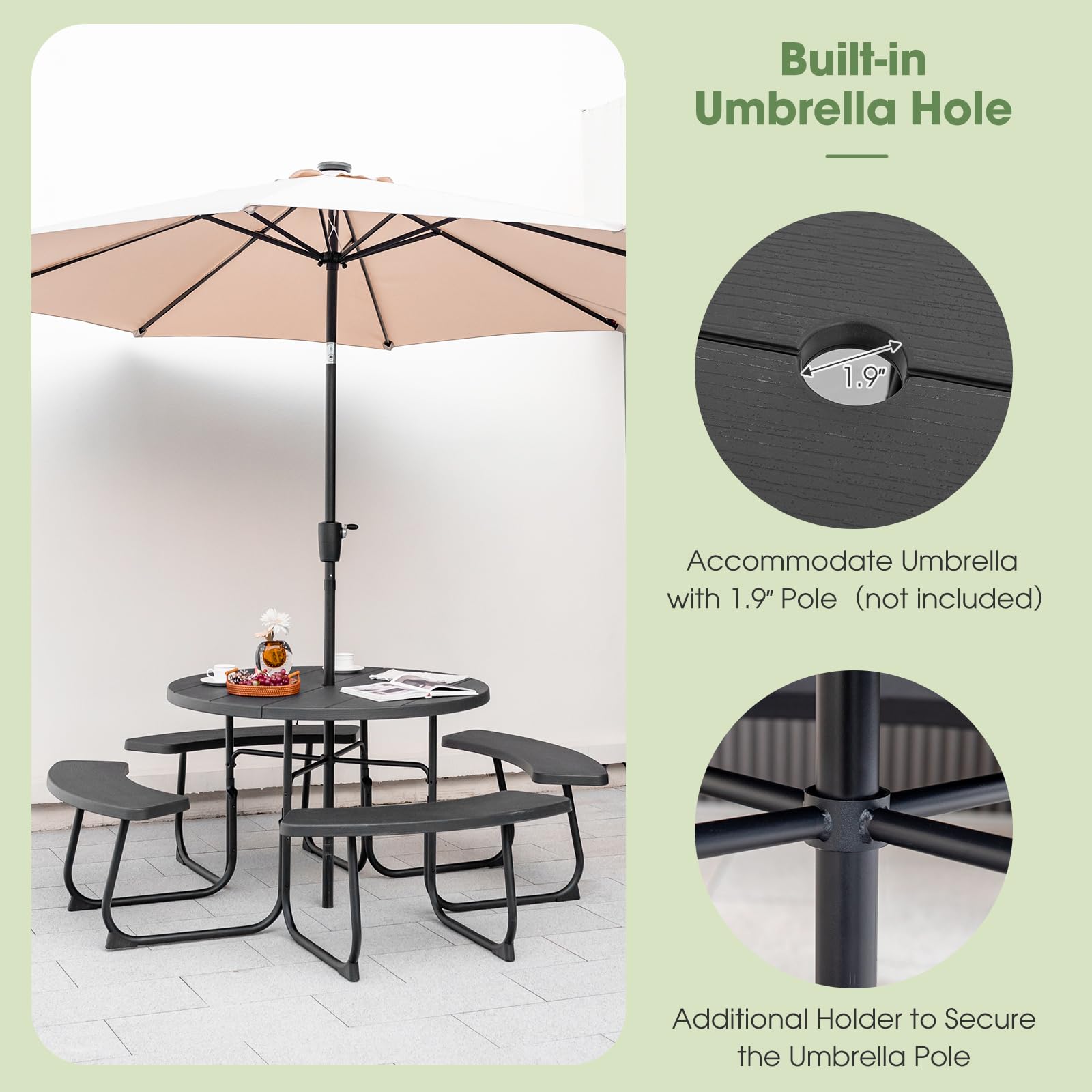 Giantex Picnic Table Set for Up to 8 Persons, Round Outdoor Table and Bench Set with Umbrella Hole