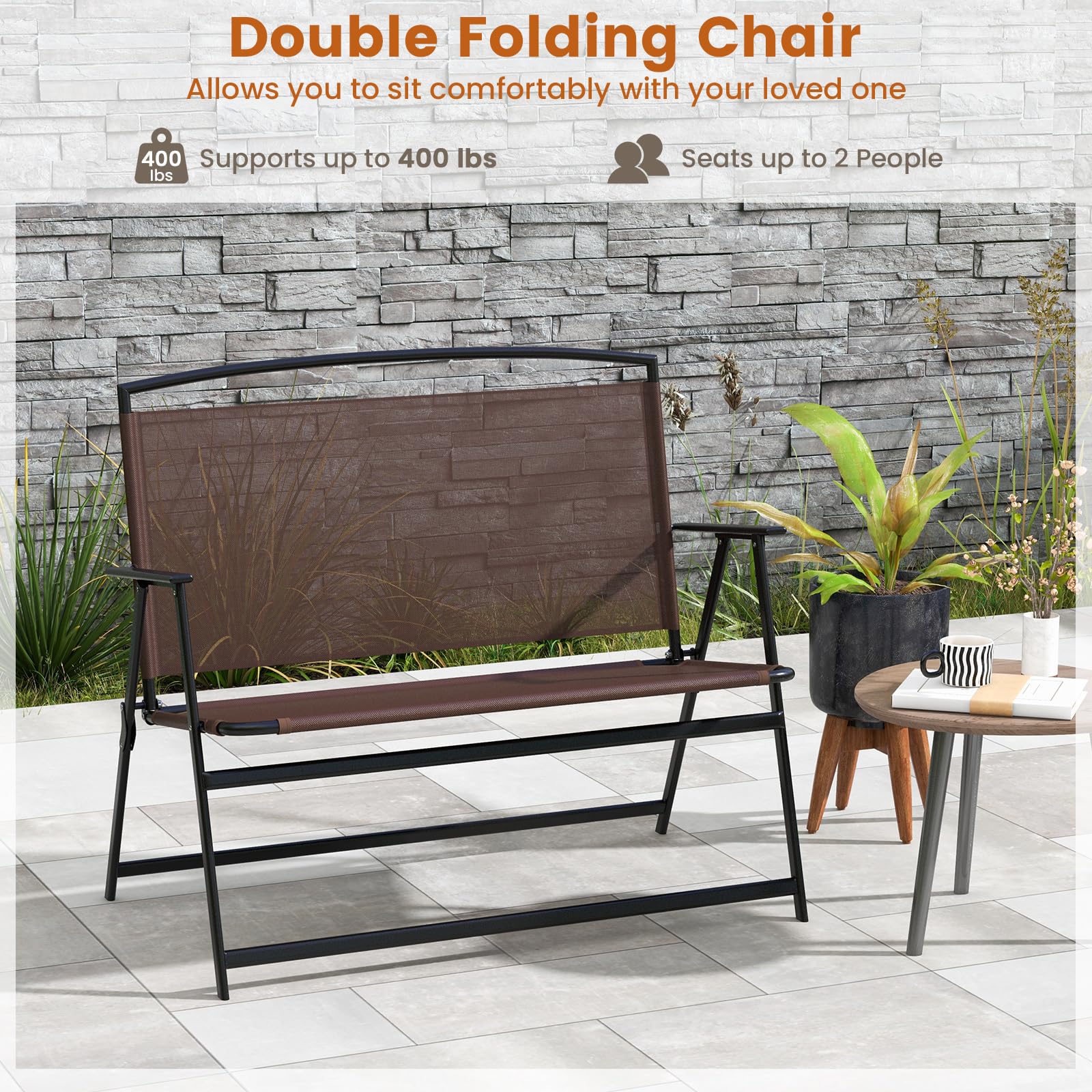 Giantex Outdoor Bench, Folding Garden Bench for 2 Persons, Patio Loveseat with Metal Armrests