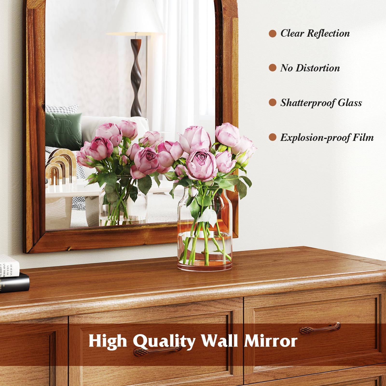 Farmhouse Wall Mirror Arched Mirror with Solid Acacia Wood Frame