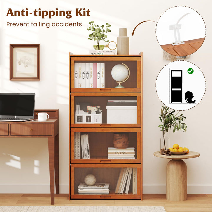 Giantex 4-Tier Bookcase with Clear Doors, 55" Bamboo Bookshelf with Flip-up Acrylic Doors, Freestanding Cube Storage Organizer with Shelves