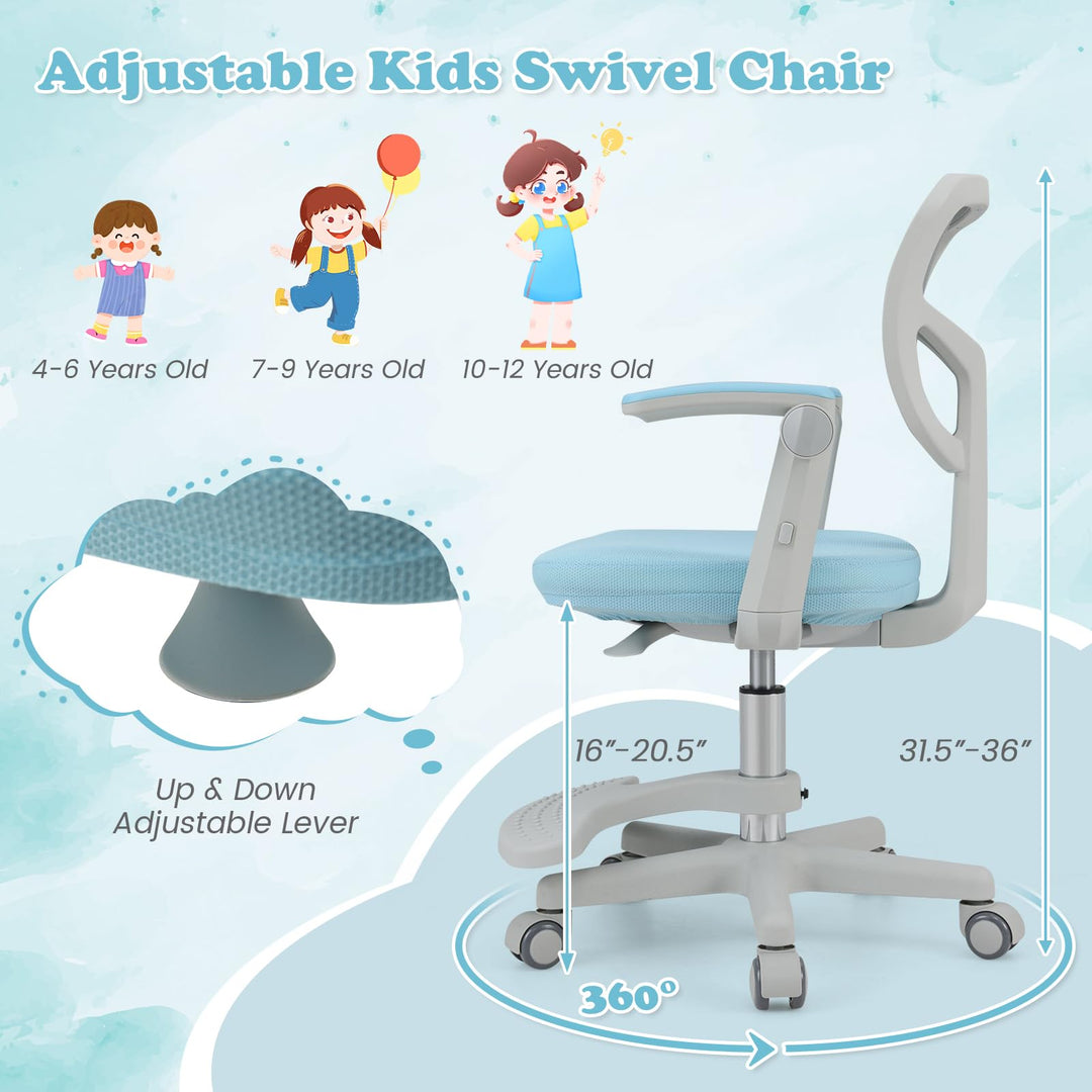 Kids Desk Chair, Ergonomic Adjustable Student Rolling Chair with Footrest & Flip-up Armrest