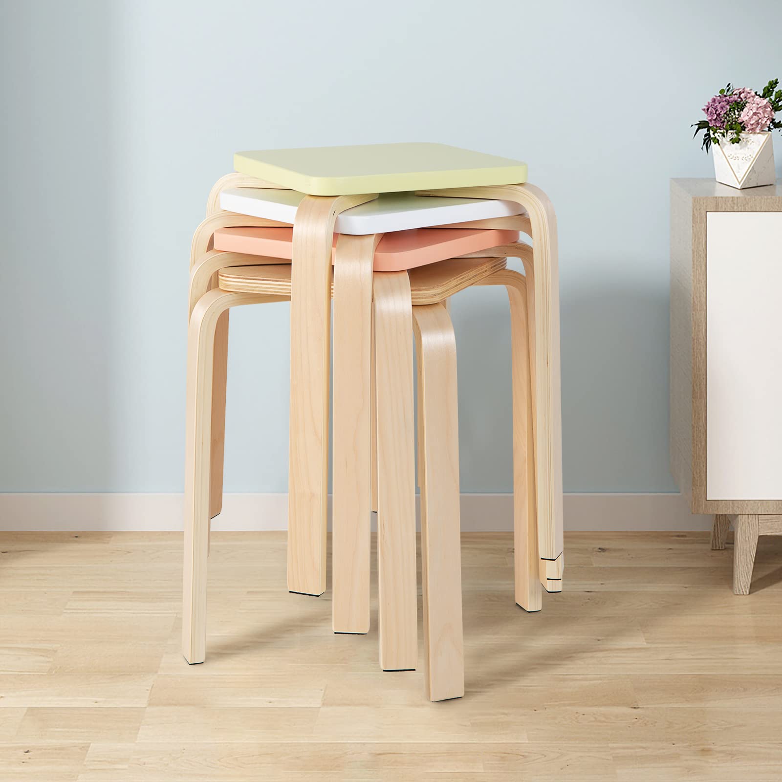 Stackable Wooden Stools Set of 4, Portable 18-Inch Height Backless School Stools