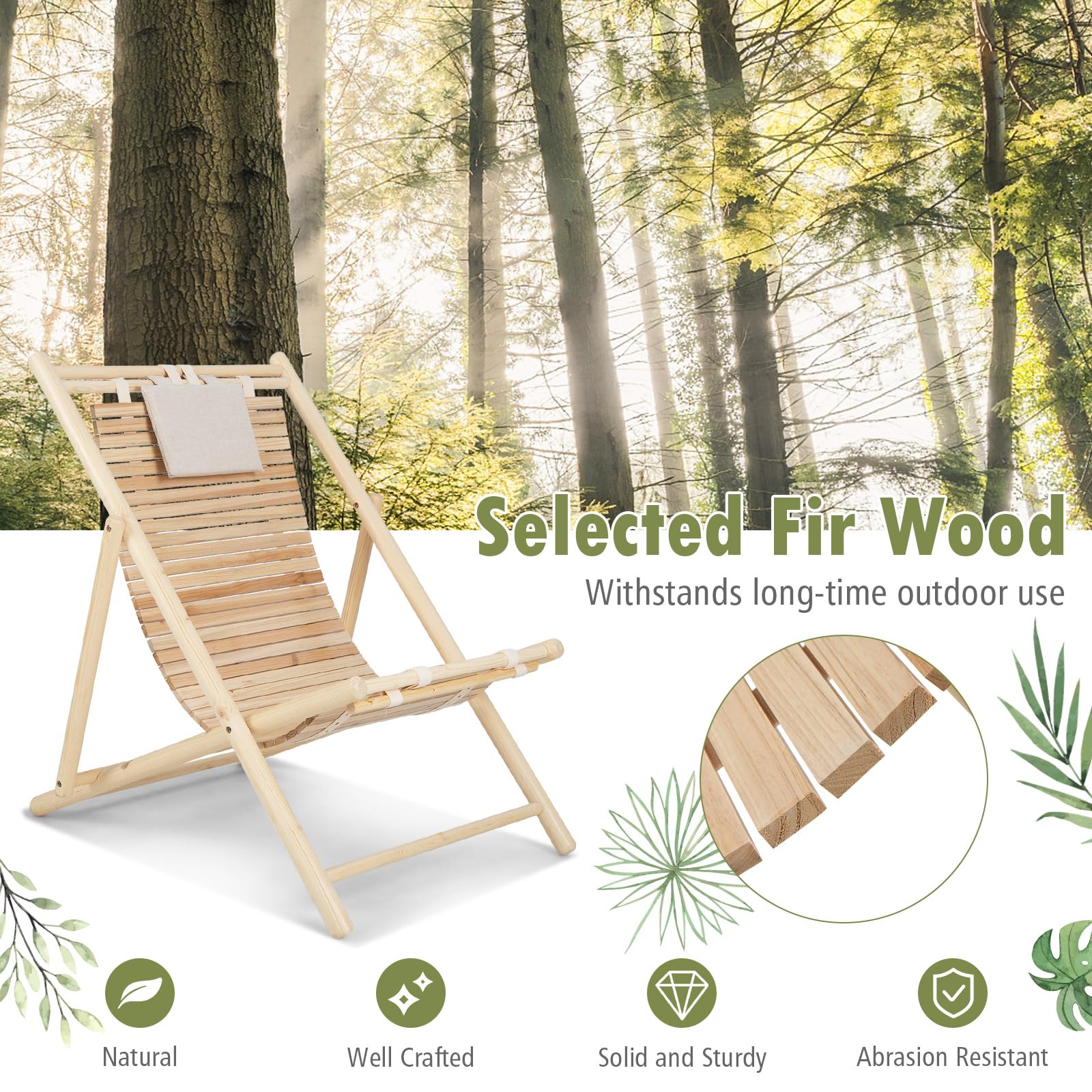 Giantex Wood Lounge Chair Outdoor - Folding Beach Chair with Detachable Headrest