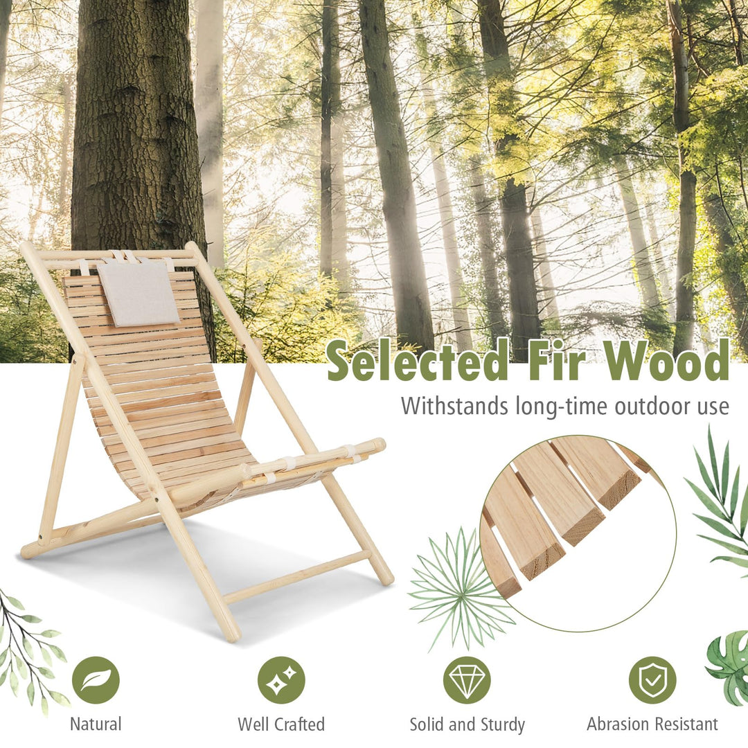 Giantex Wood Lounge Chair Outdoor - Folding Beach Chair with Detachable Headrest