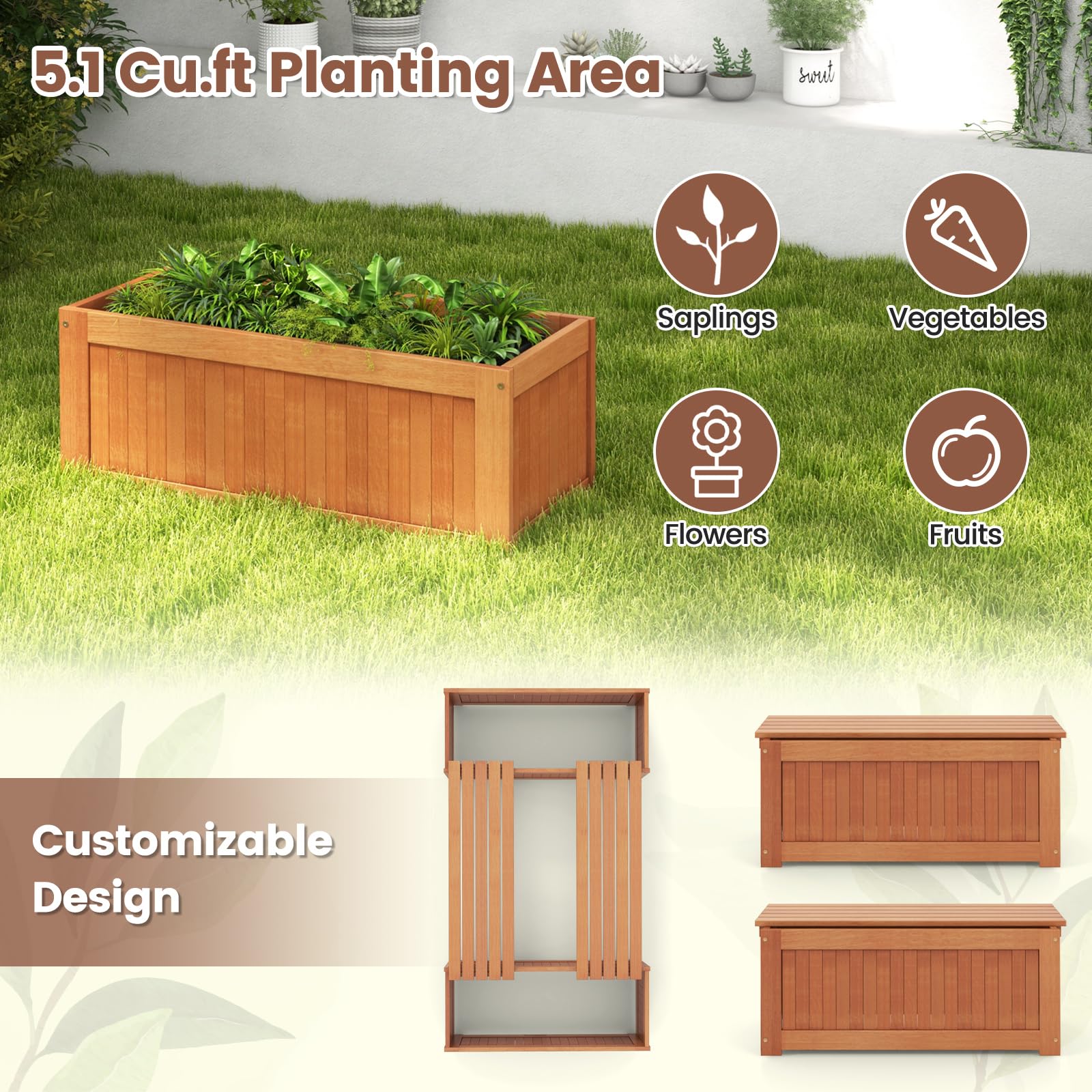 Giantex 2-in-1 Outdoor Bench, Wood Raised Garden Bed with Open Base, Teak Oil Finish