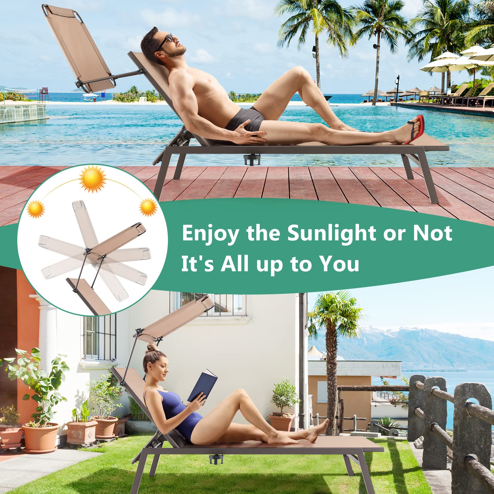 Outdoor Chaise Lounge Chair- Tanning Chair with Sunshade - Giantex