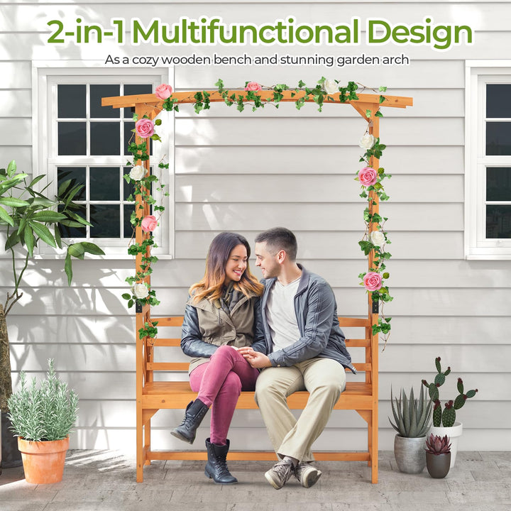 Giantex Garden Arch Trellis with Bench - 63''W x 79''H Wooden Arbor with 2-Person Outdoor Bench