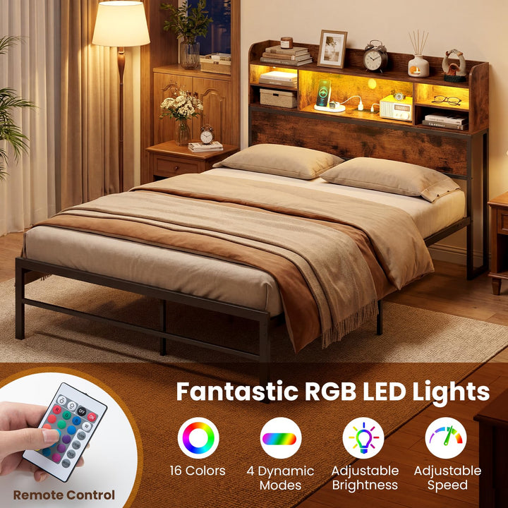 Giantex Full Size Industrial Metal Bed Frame with LED Lights &amp; Charging Station