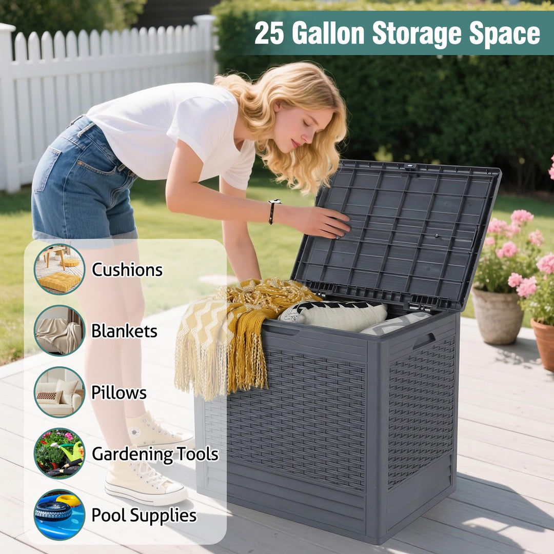 Giantex 25 Gallon PP Deck Container with Rattan Patterns &amp; Lockable Lid