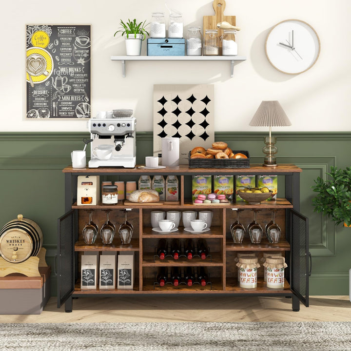 Giantex Coffee Bar Cabinet for Liquor and Glasses, 55” Buffet Sideboard with 8-Bottle Wine Racks, 6 Rows of Wine Glass Holders