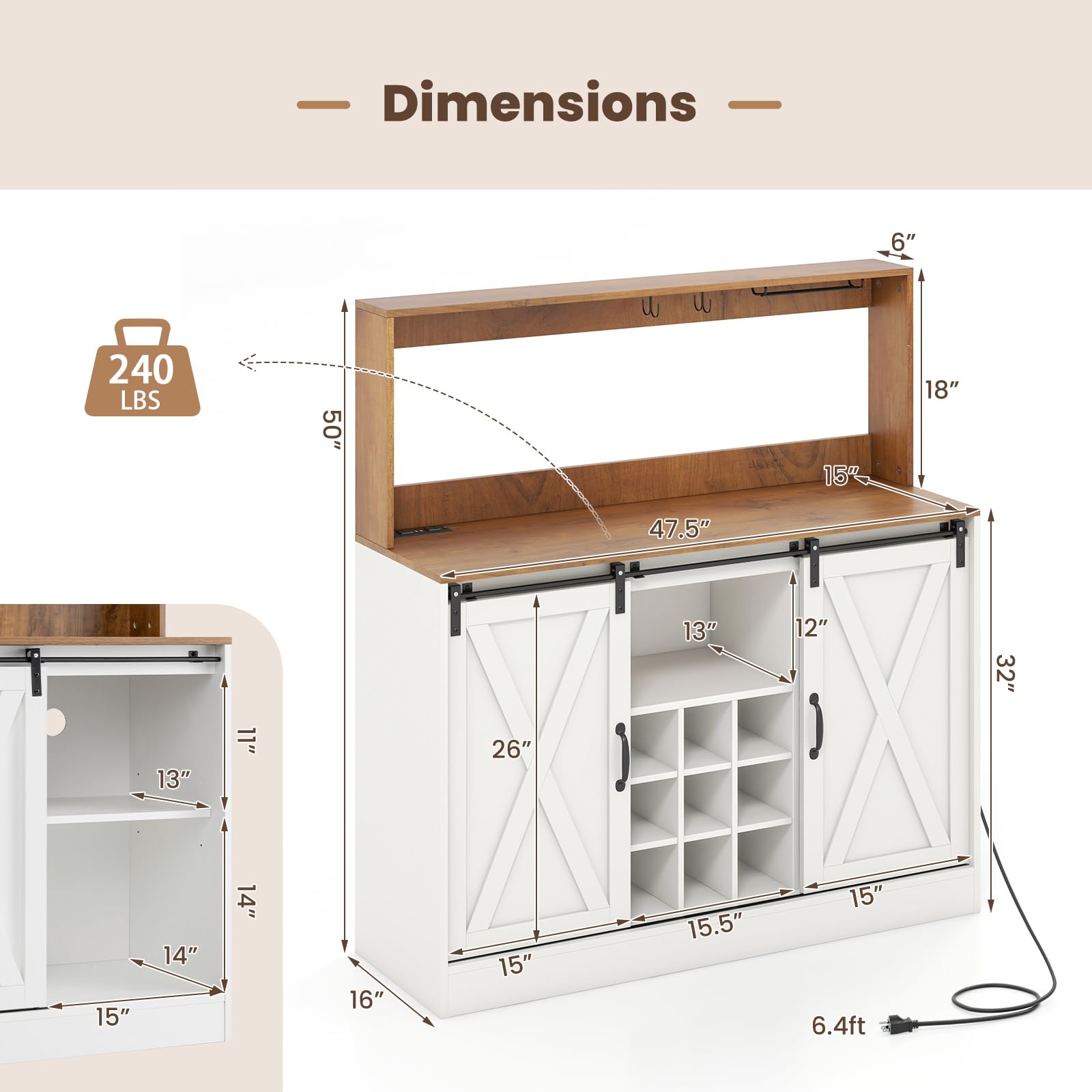 Giantex Farmhouse Buffet Cabinet with Hutch, Charging Station, 9 Bottle Wine Rack, Cup Glass Holder