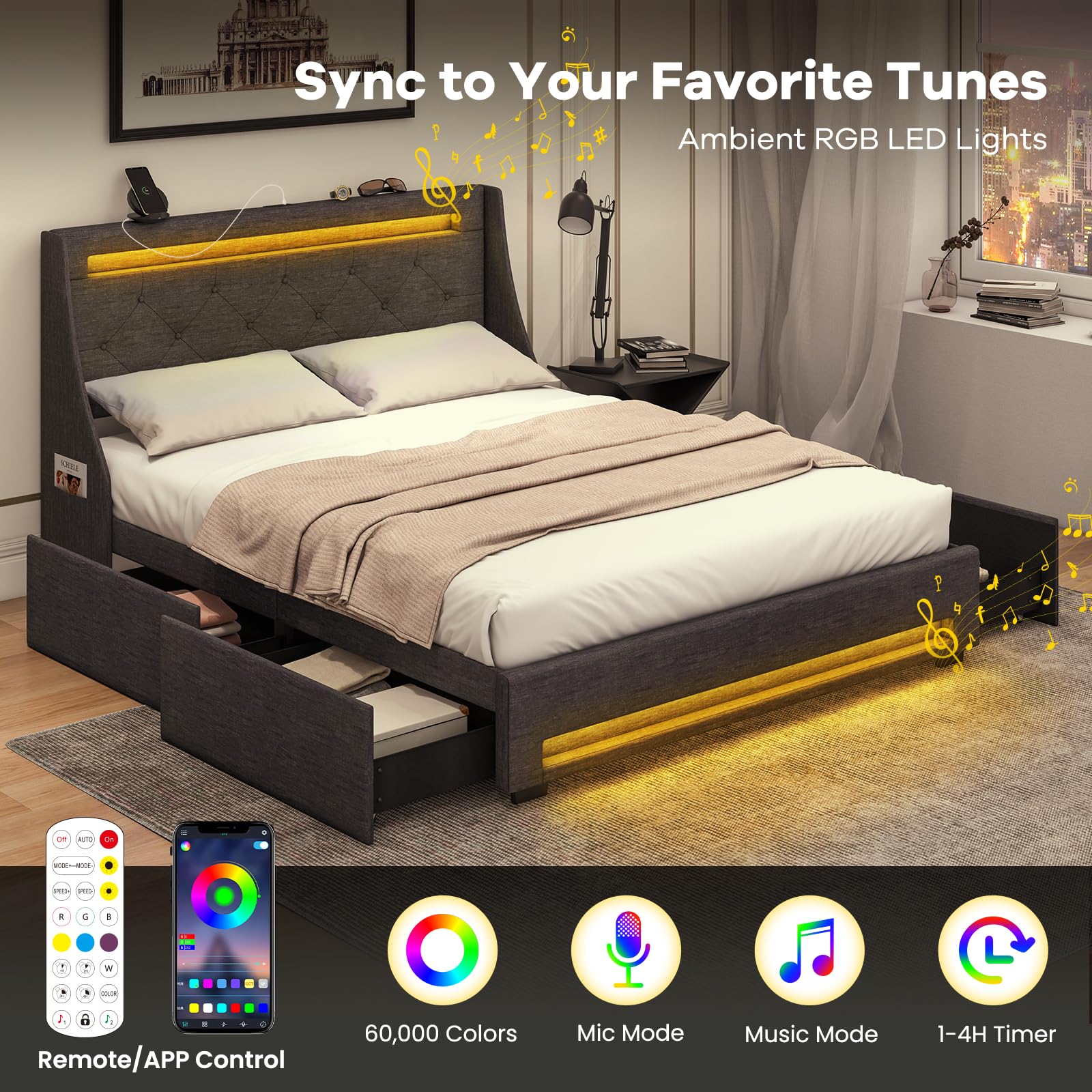 Giantex Full Size Bed Frame with LED Lights & Charging Station, Upholstered Platform Bed with Wingback Headboard