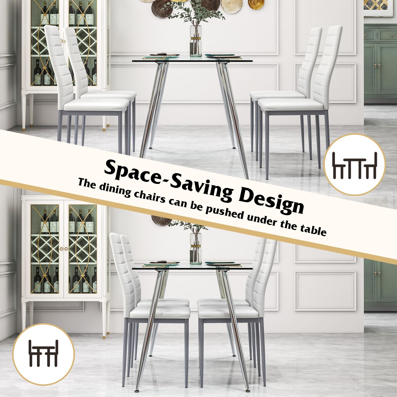 Giantex Dining Table Set for 4, Kitchen Table Chairs Set with 51” Rectangle Glass Dining Table