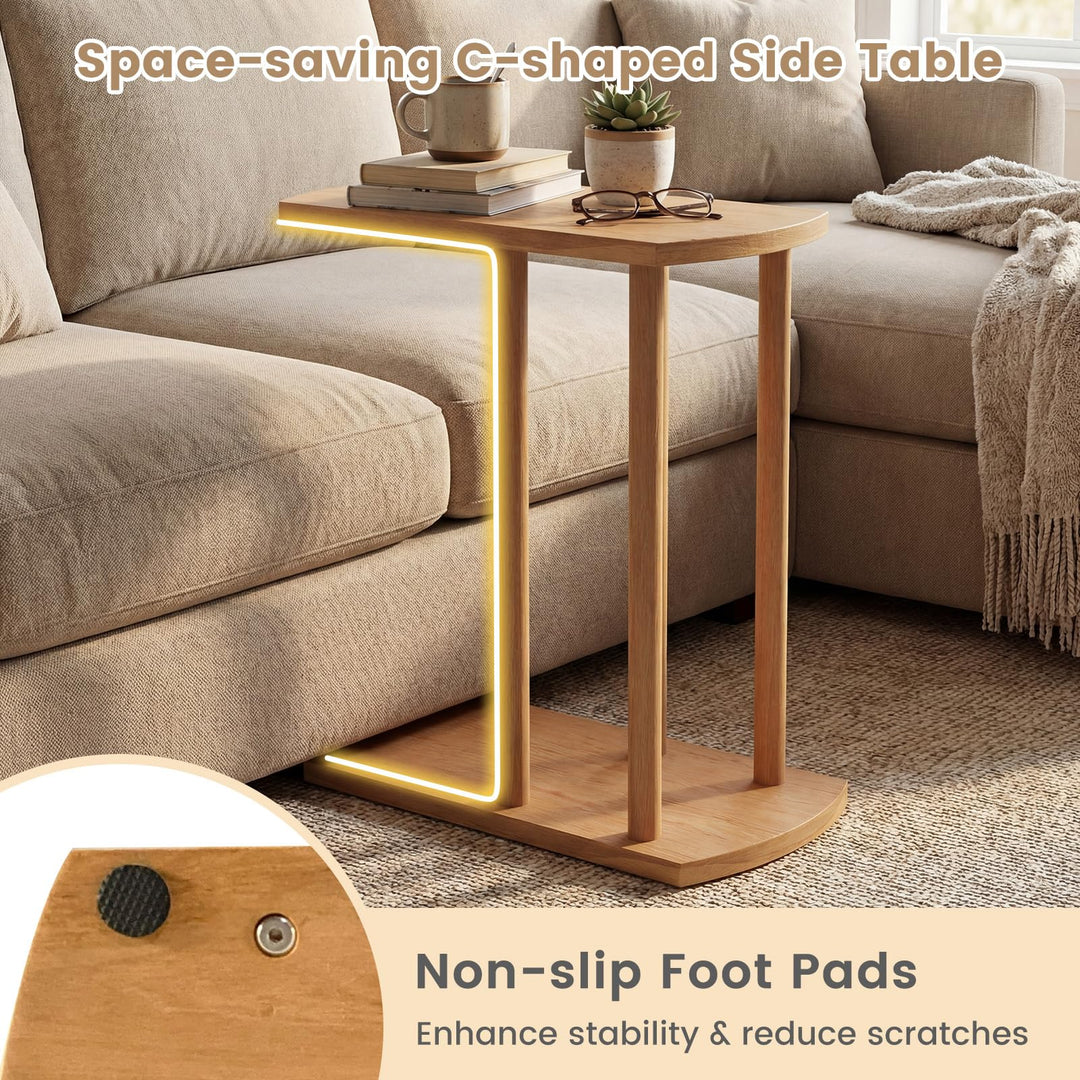 Giantex C-Shaped Teak Wood Side Table Set of 1/2 Narrow 2-Tier Couch Tables