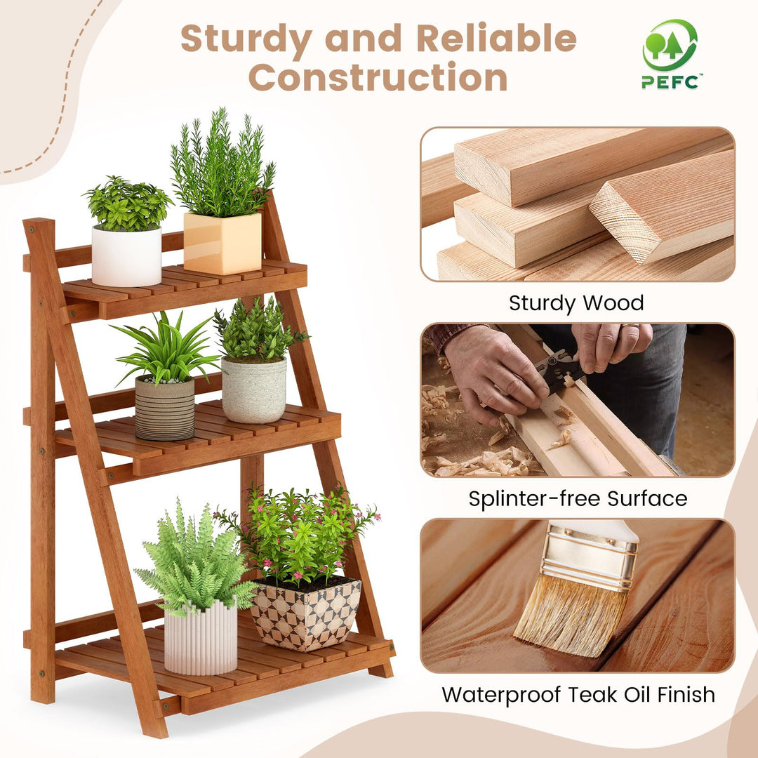 Giantex Foldable Ladder Plant Shelf 3-Tier Solid Wood Indoor Outdoor Flower Pot Display Rack