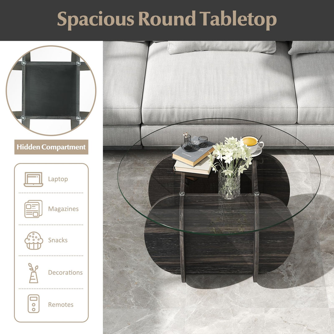 Giantex 35" Glass Round Coffee Table with Storage Tempered Glass Top & Solid Wood Base