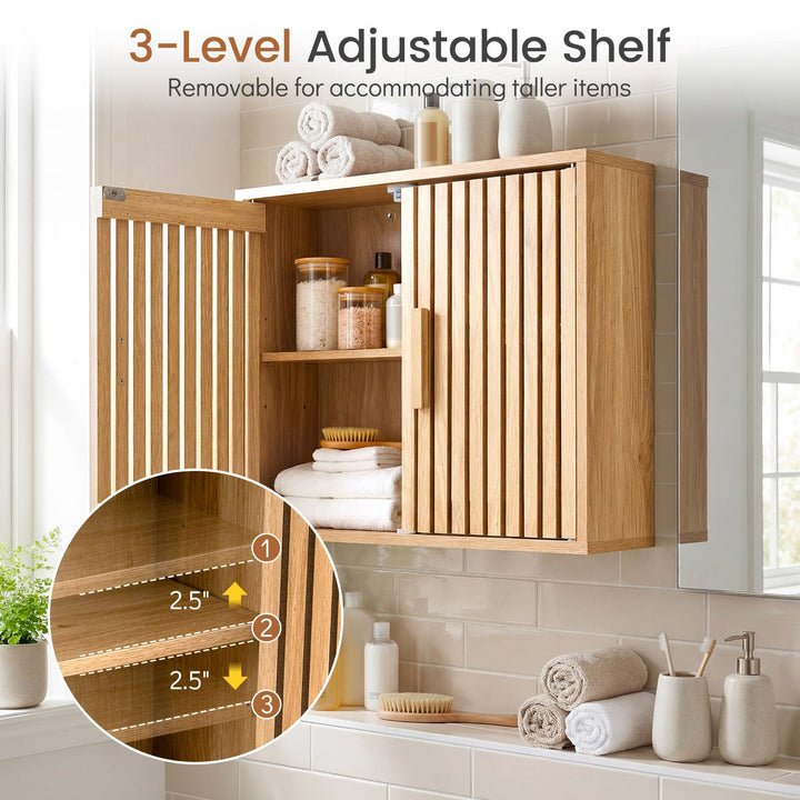 Giantex Wall Mounted Wooden Medicine Cabinet with 2 Slatted Doors
