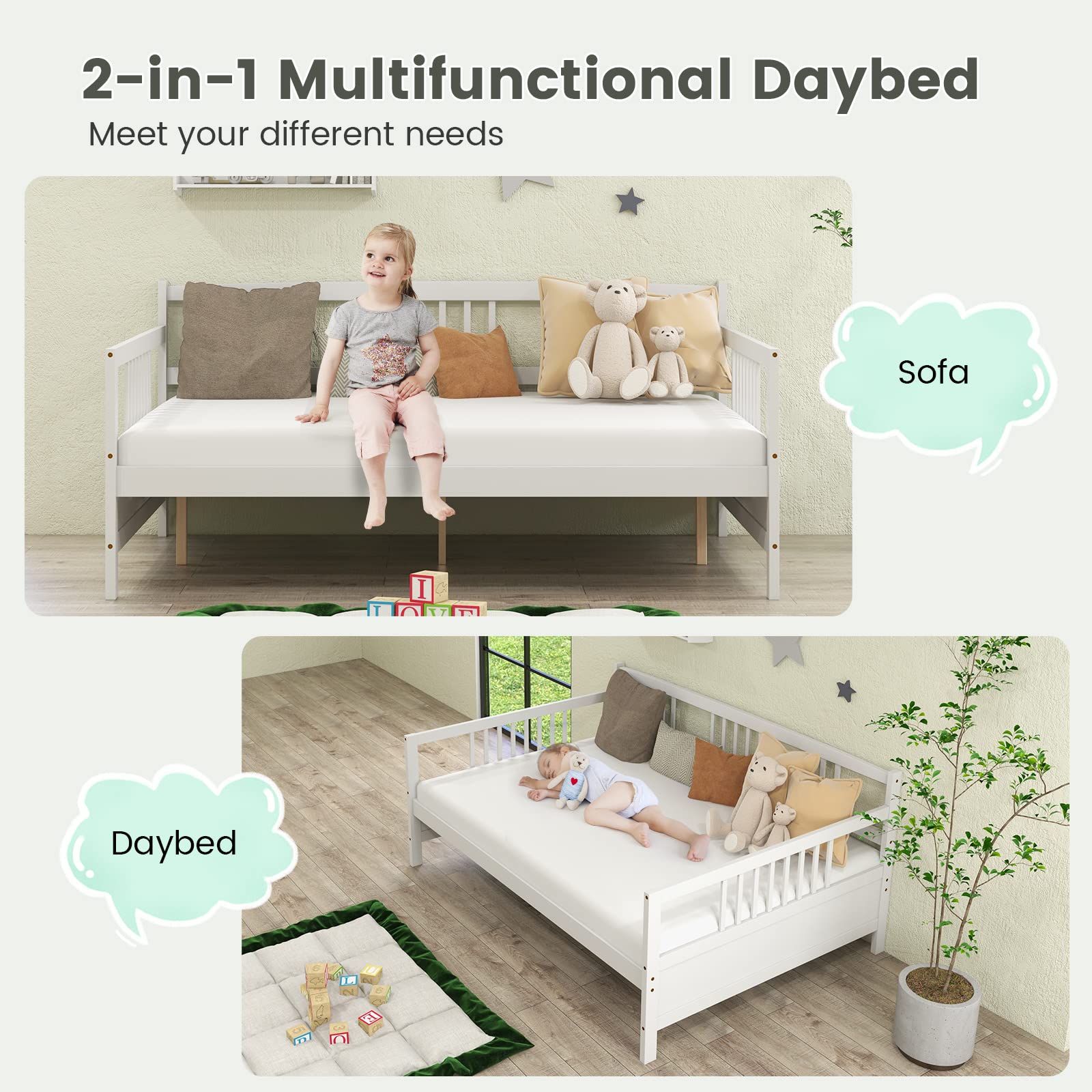 Giantex Full Size Daybed, Wooden Daybed Sofa Bed Frame with Wood Slat Support for Kids Teens (Full)