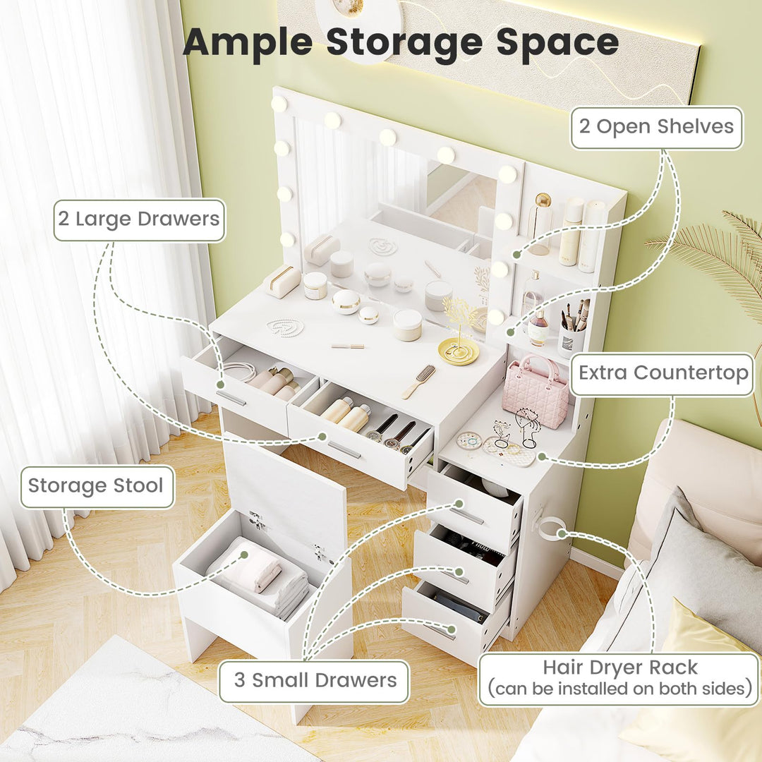 Vanity Desk with Mirror and Lights with Charging Station