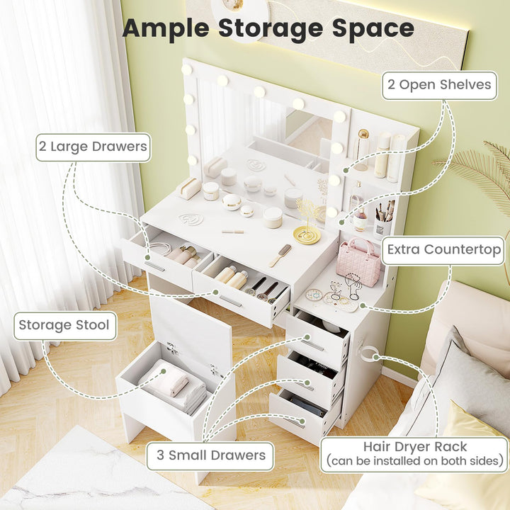Vanity Desk with Mirror and Lights with Charging Station