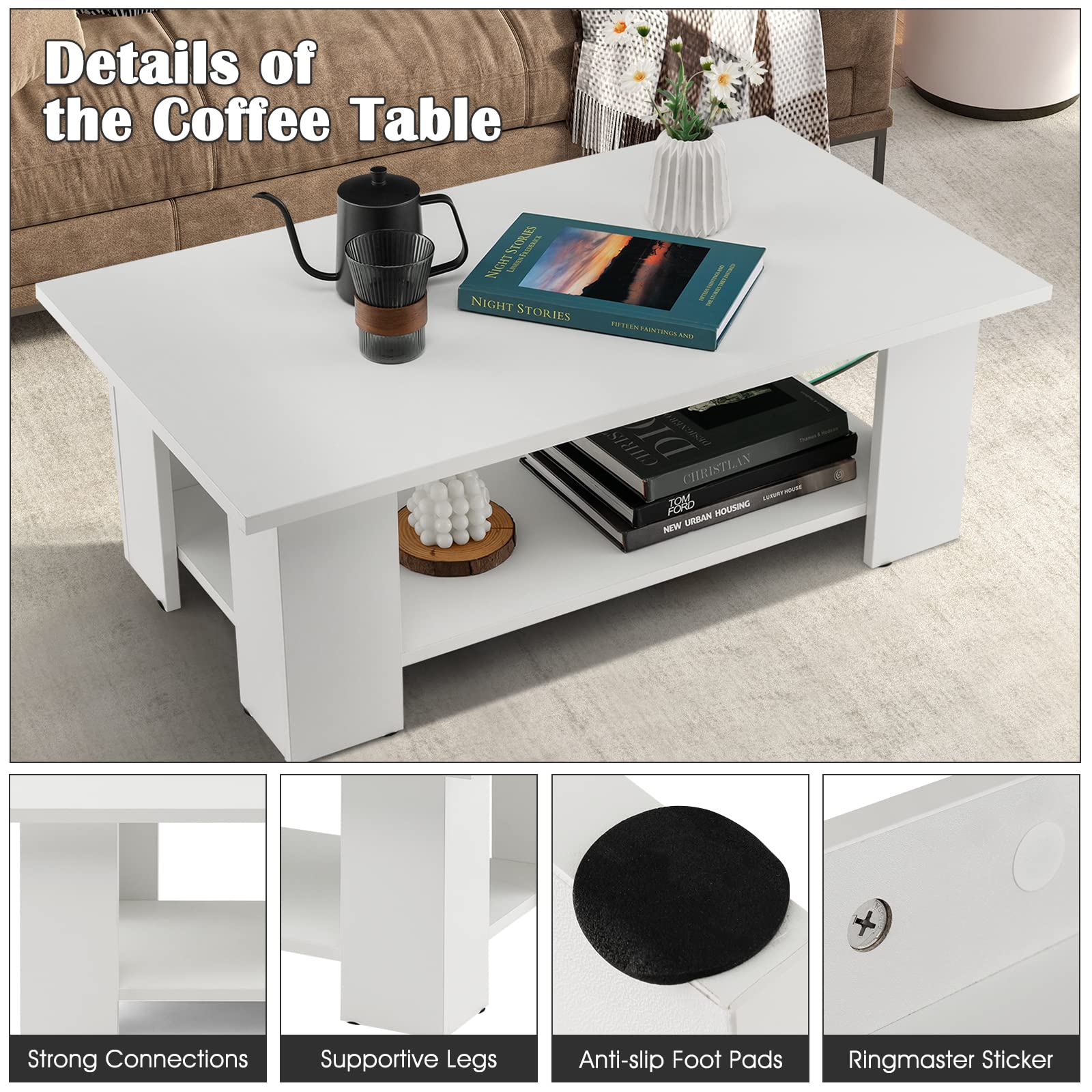 Giantex Wood Coffee Table w/Storage Shelf, 36"L 2-Tier Large Modern Tea Table, White