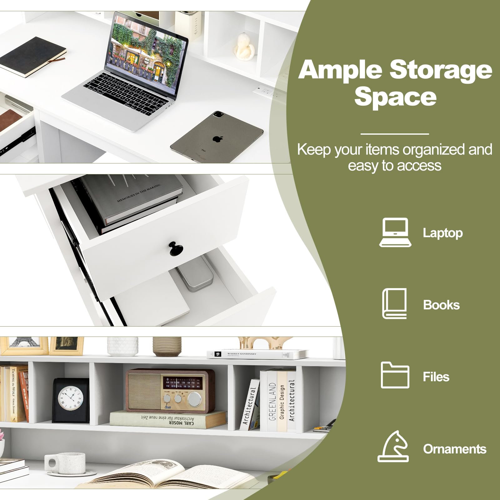 Giantex White Desk with Drawers and Power Outlet, 48" Home Office Computer Desk with 5-Cubby Hutch