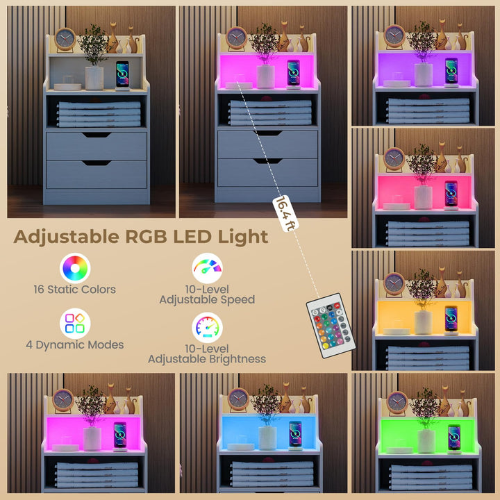 Giantex Nightstand with LED Light and Charging Station for Living Room Bedroom