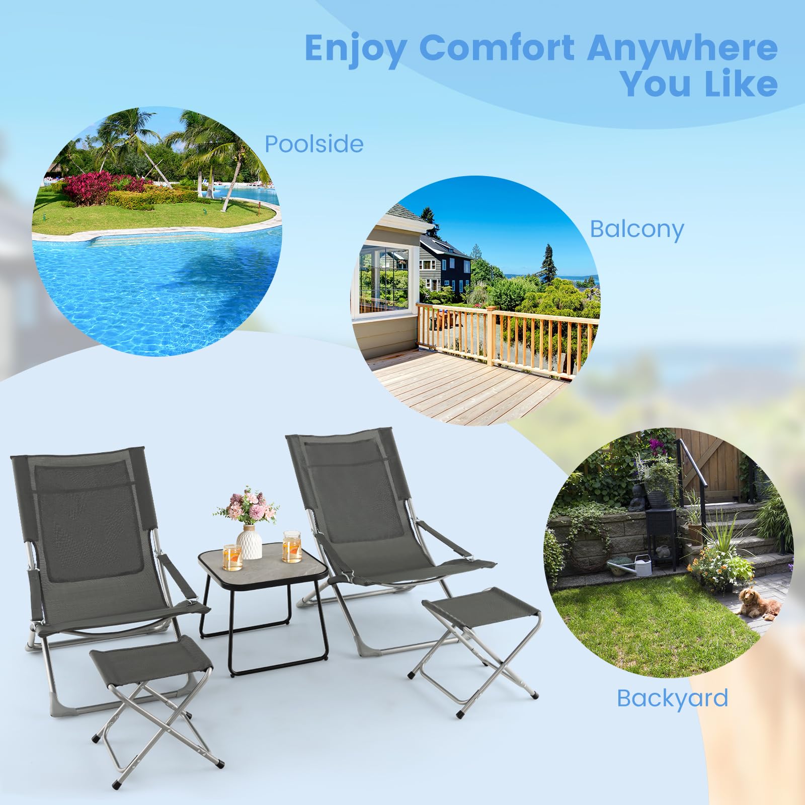 Giantex 5-Piece Patio Bistro Set, Folding Lounge Chairs with Footrest Stool & Side Table, Removable Cushion