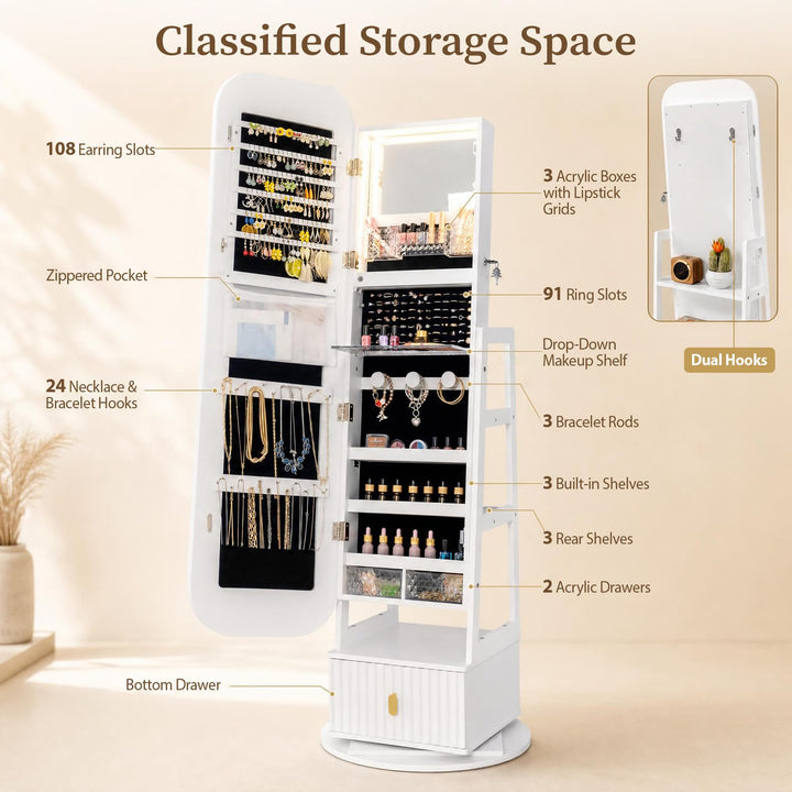 CHARMAID 360° Swivel Jewelry Cabinet with 3-Color LED Vanity Mirror