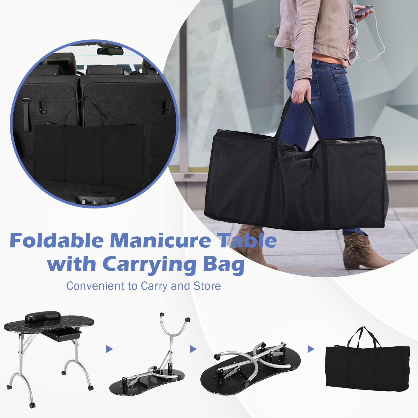 Foldable Nail Table Workstation with Lockable Wheels
