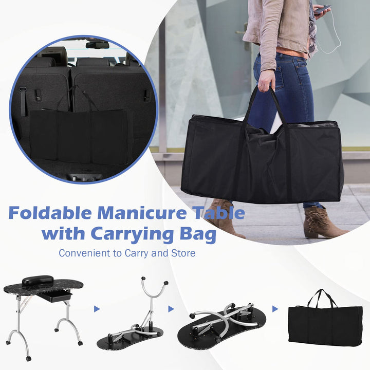 Foldable Nail Table Workstation with Lockable Wheels