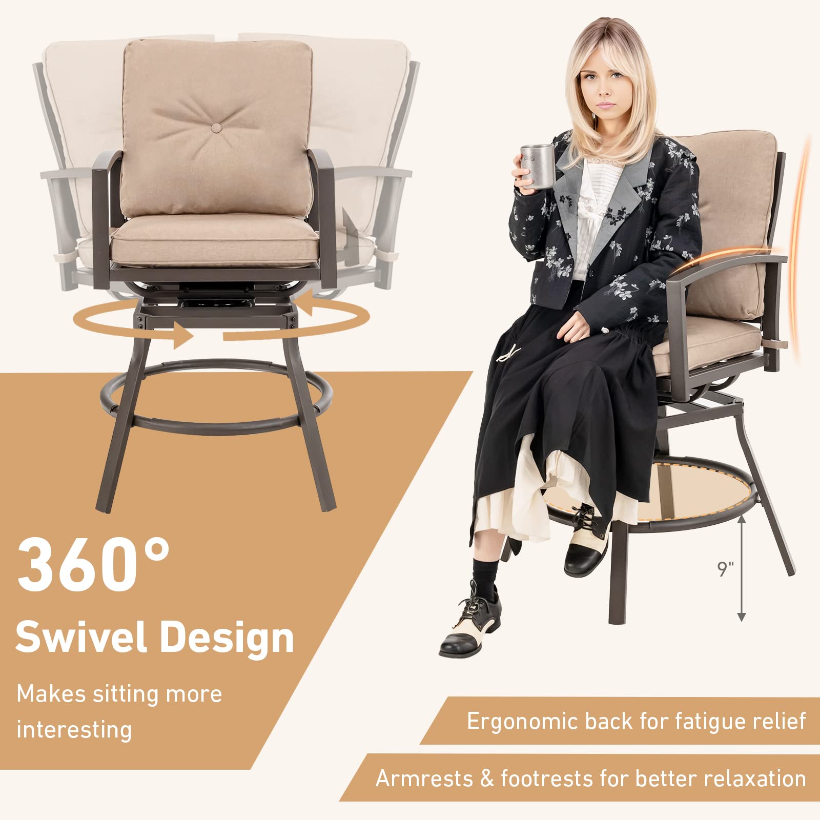 Giantex 3 Piece Patio Bar Set, All Weather Metal Outdoor Furniture Set, Bar Height Patio Table, Swivel High Bar Stool Chairs Set of 2