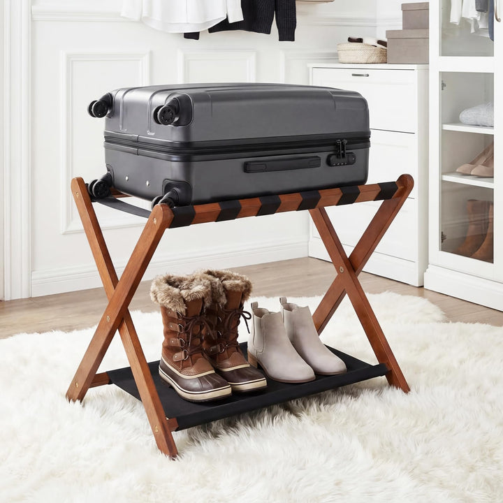 Giantex Folding Luggage Rack | Solid Rubber Wood Suitcase Stand with Storage Shelves