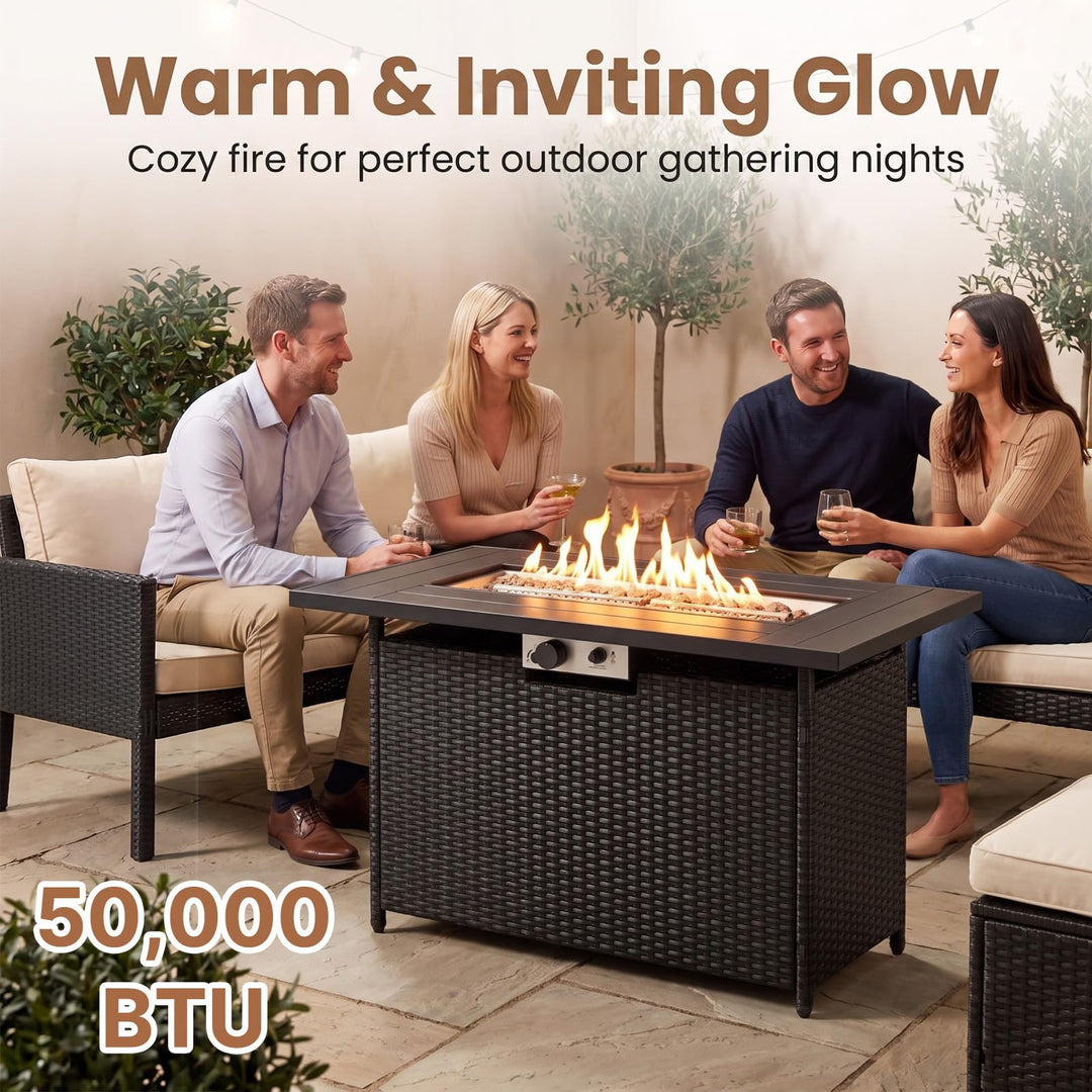 Giantex 42 Inch Propane Fire Pit Table | 50,000 BTU Wicker Gas Fire Table with Removable Lid